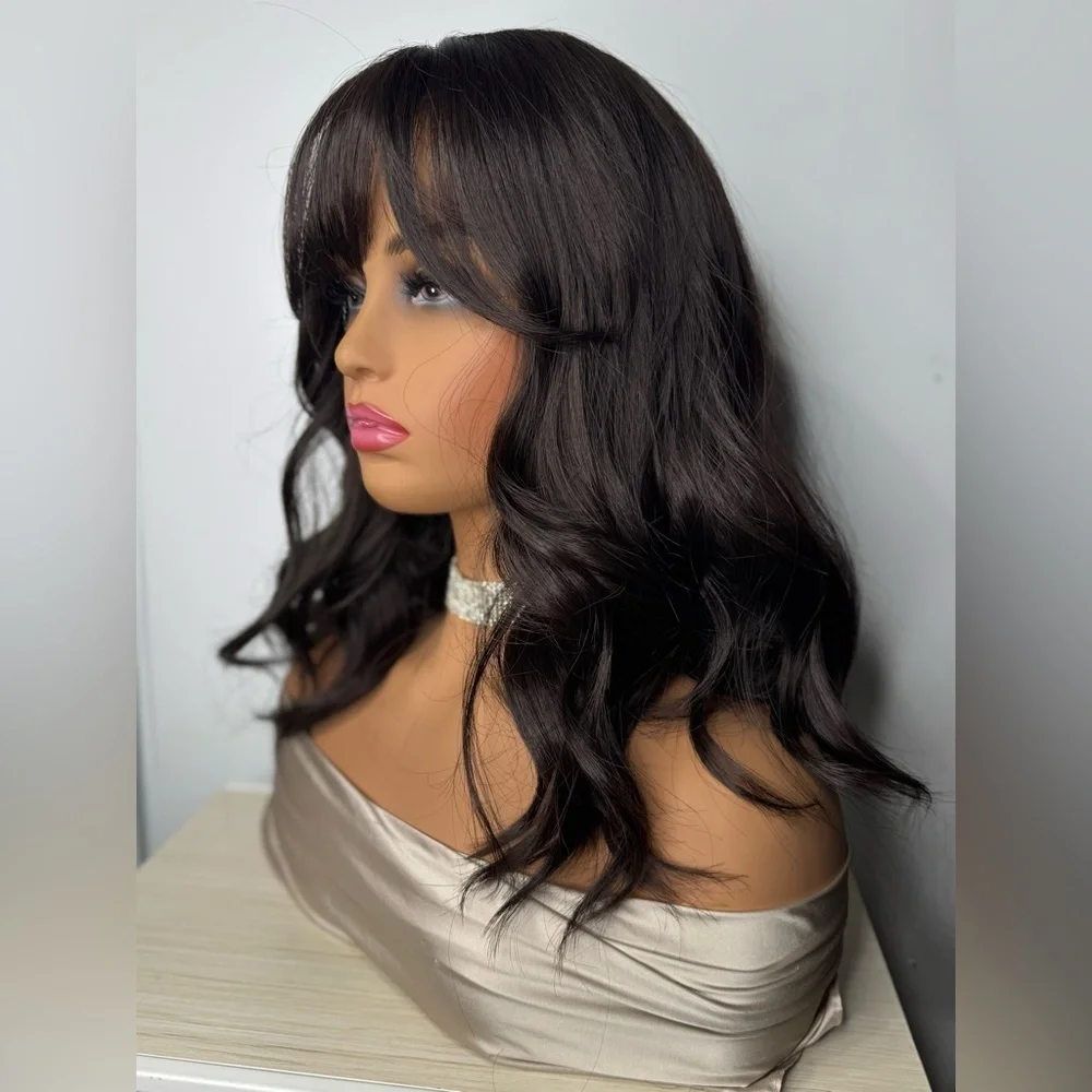 14” Dark Brown Wavy Synthetic Wig with Bangs – Natural Look, Classic Cap